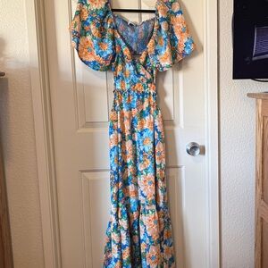 Floral Puff Sleeve Maxi Dress in Teal and Orange
